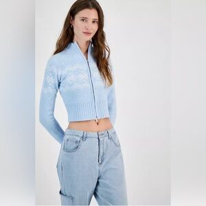 Planet Heart Fair Isle Light Blue Zip-Up Sweater sz M nwt, 002